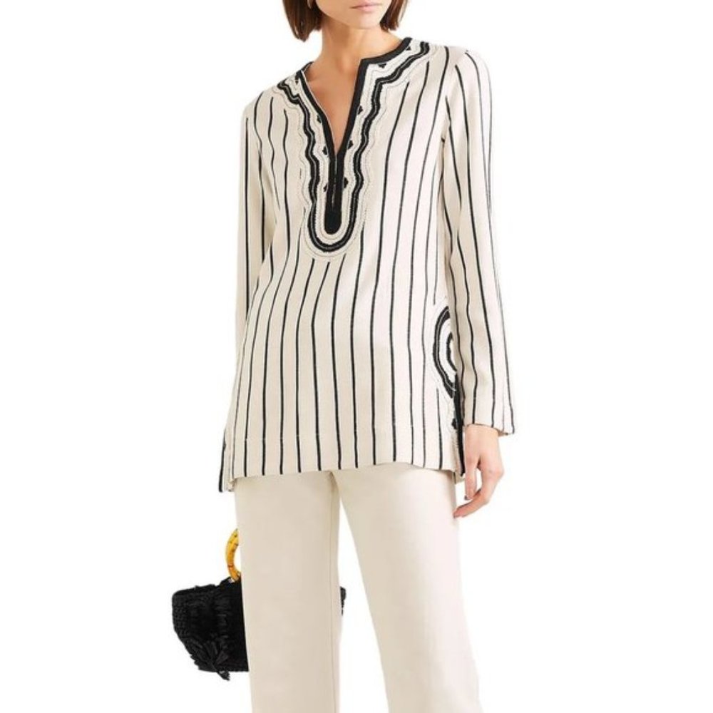 NWT Tory Burch Ivory/Black Striped Filipa Rayon Slub Tory Tunic, Size 4